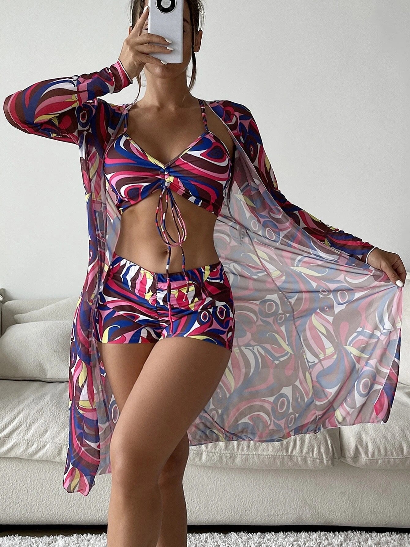 Three Piece Suit High Waist Long Sleeves Blouse Swimsuit