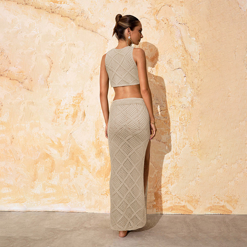 Zara Solid Color Knitted Hollow Crop Top and Maxi Skirt Set