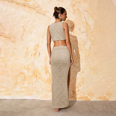 Zara Solid Color Knitted Hollow Crop Top and Maxi Skirt Set