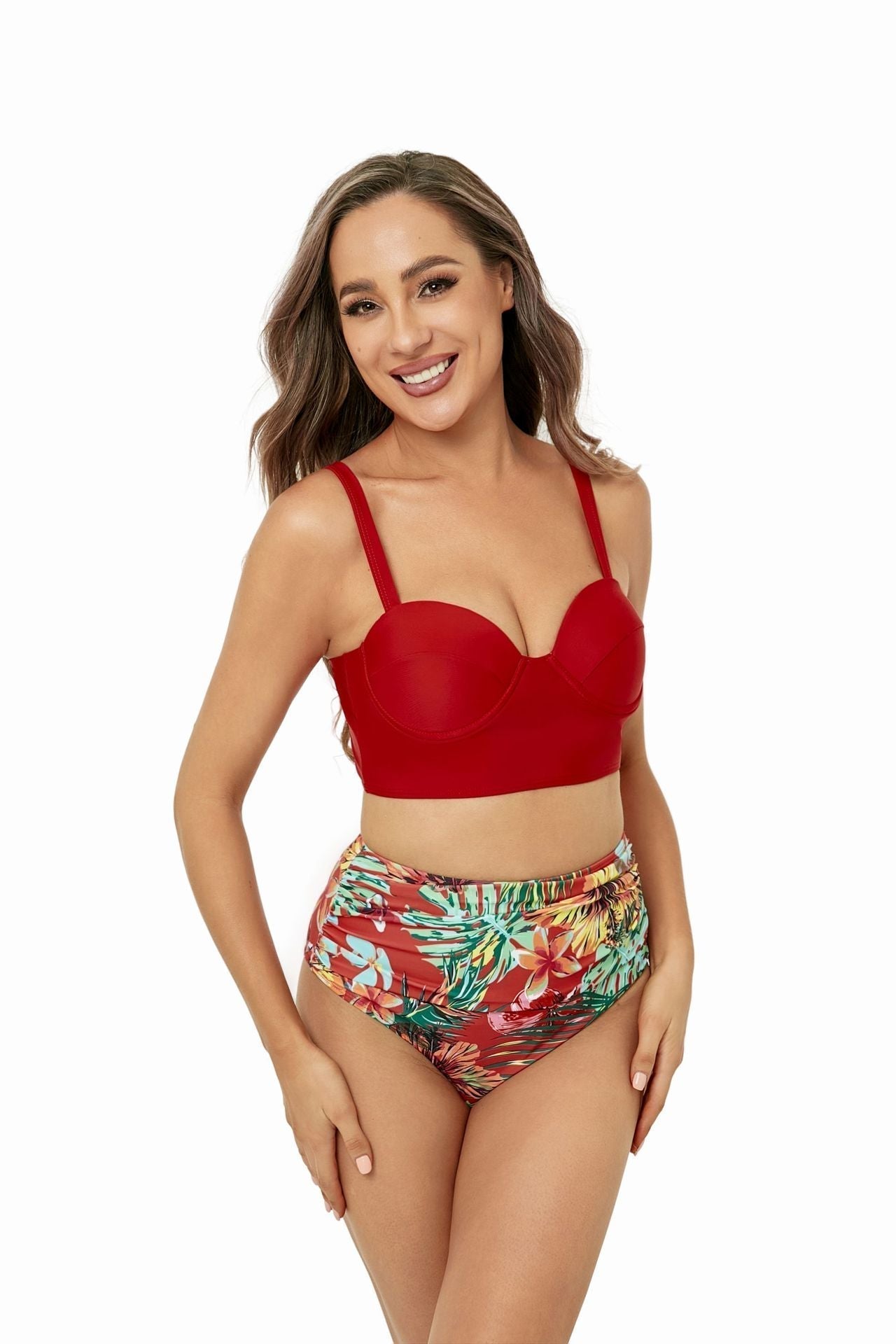 Solid Color Backless High Waist Triangle Split Bikini