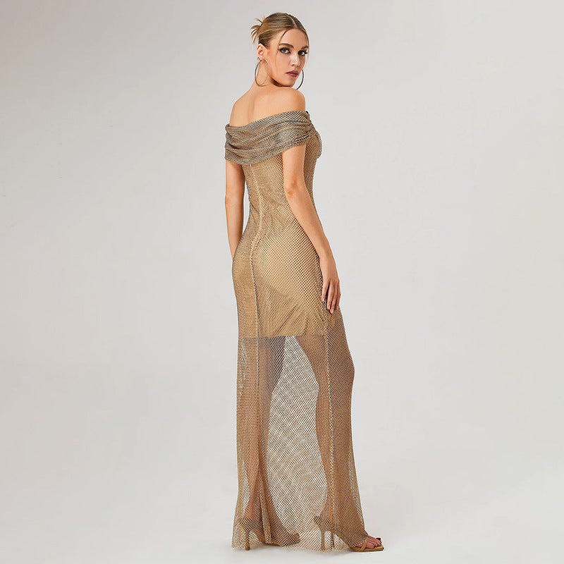 Athena Draped Bardot Crystal Maxi Dress