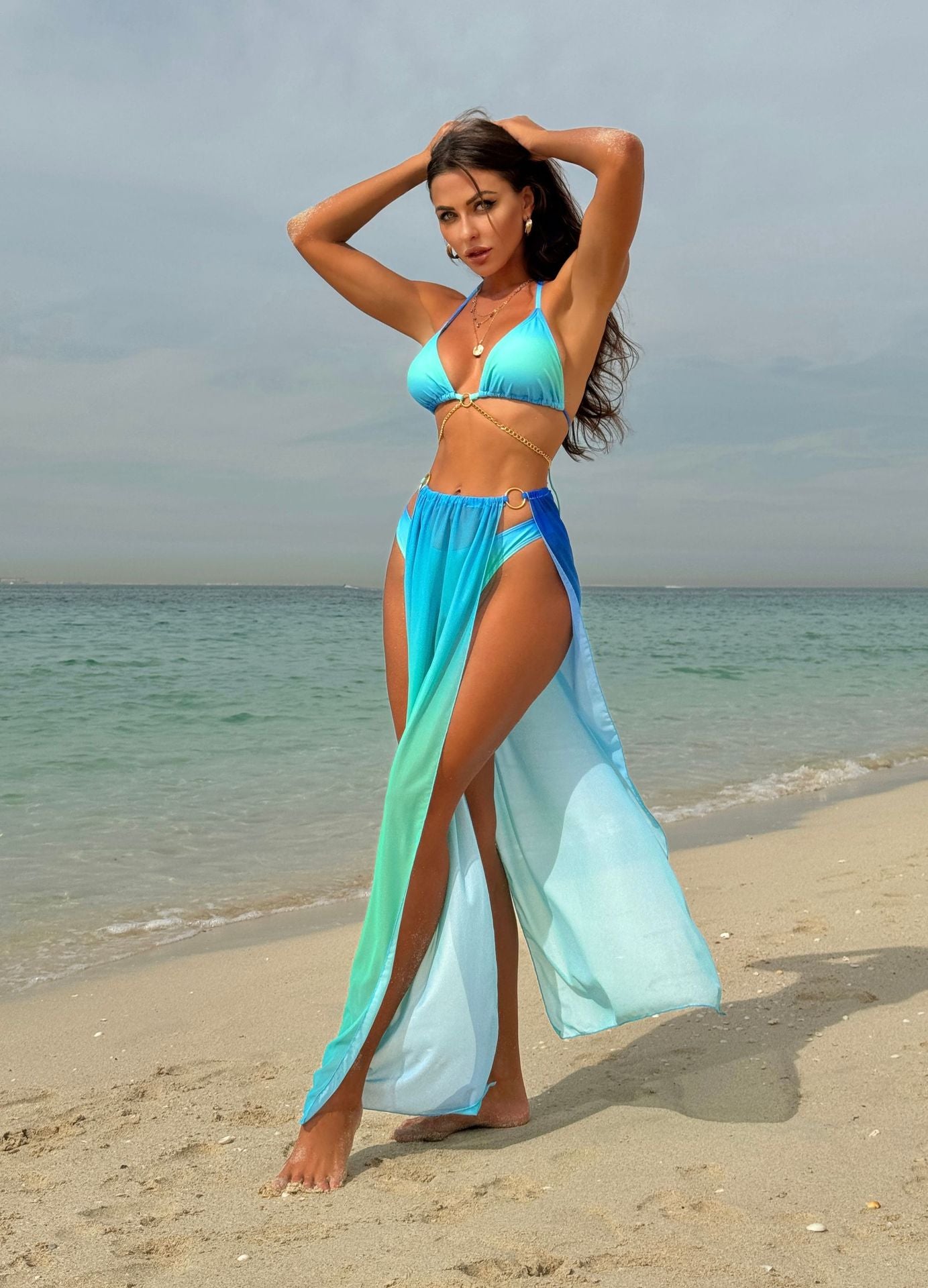 Gradient Mesh Drawstring Bikini Three-Piece Swimsuit