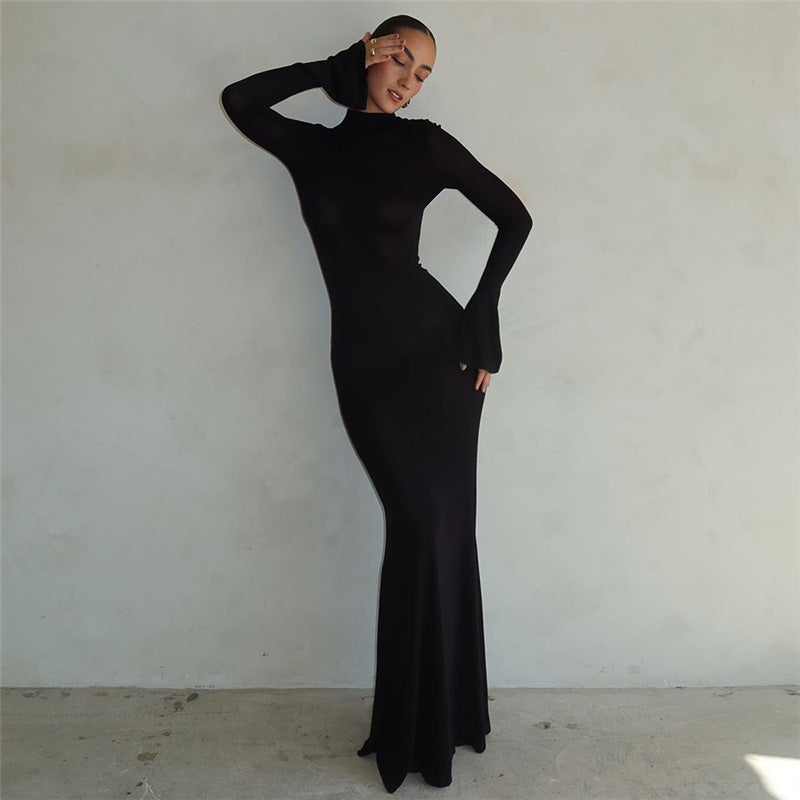 Women's Fashion Round Neck Long Sleeve Sexy Backless Slim Fit Dress