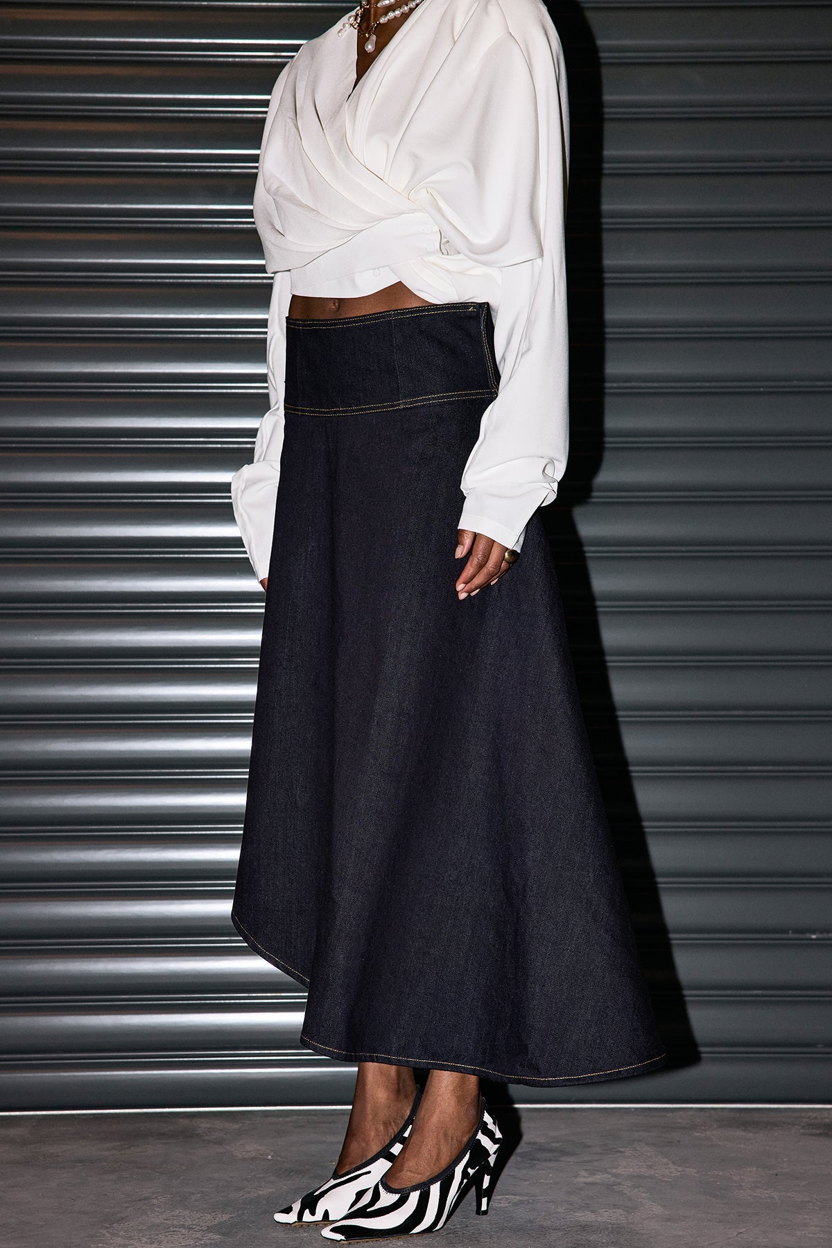 Penelope Denim Ruffle Asymmetric Skirt