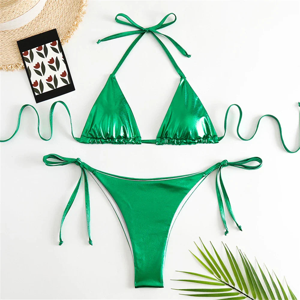 Halter Triangle Sexy Bikini Sets 2023 Women Patent Leather Glitter Swimsuit Summer Solid G-String Swimwear Side Lace Up Monokini