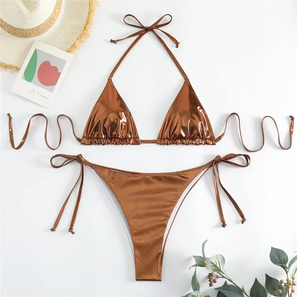 Halter Triangle Sexy Bikini Sets 2023 Women Patent Leather Glitter Swimsuit Summer Solid G-String Swimwear Side Lace Up Monokini