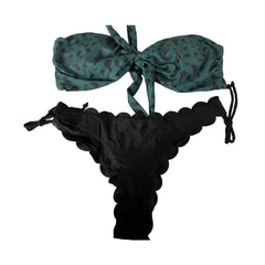 Beach Bikini  Woman Sexy Front Lace Up Tie Strapless Leopard Swimsuit Female Push Up Ruffled Bow Bathing Suit Thong Swimwear