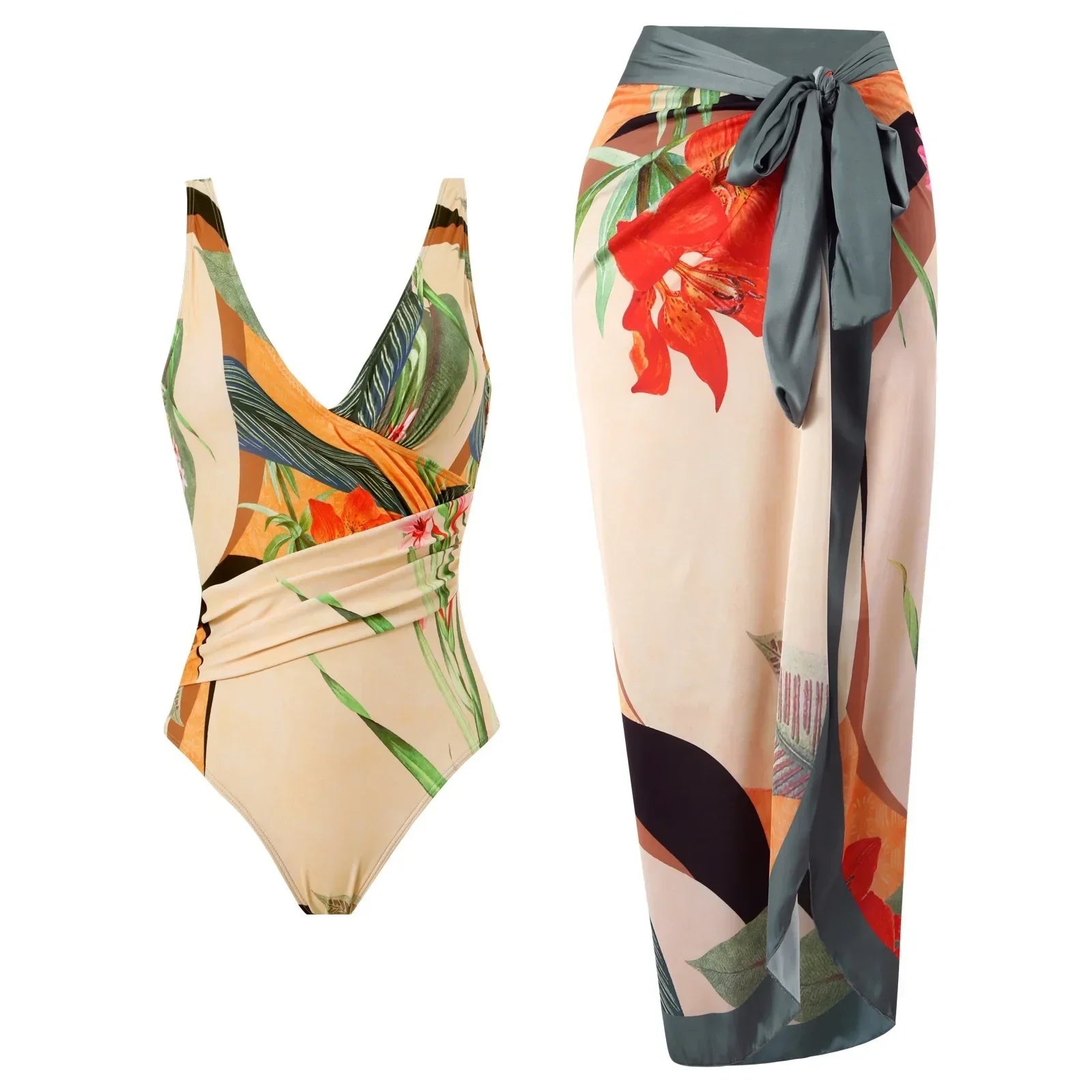 Elegant Blue Leaf Printed One Piece Swimsuit Woman 2024 Fashion High Waisted Hanging Neck Swimwear French Covered Belly Bikini