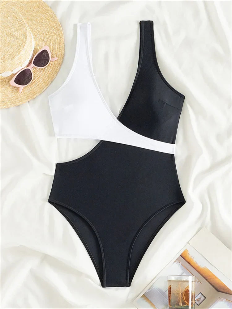 One Piece Women Hollow Out Swimwear 2024 New Solid V Neck Swimsuit Sexy Monokini Bodysuit Bathing Suit Female Summer Beach Wear