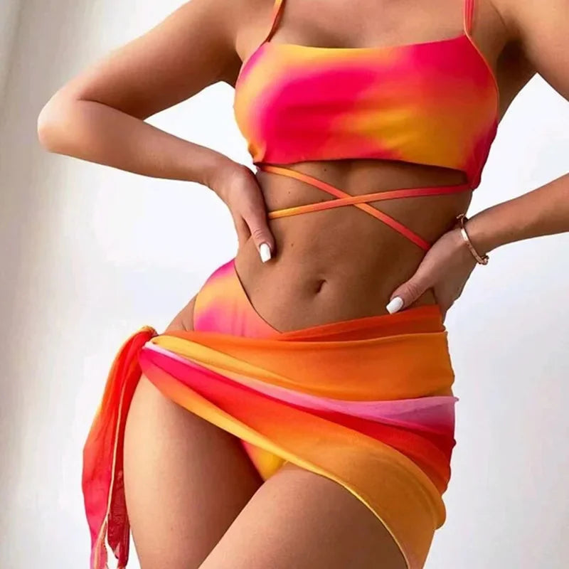 Sexy Womens 3 Pieces Bikini Set Tie Dye Swimsuit Beachwear 2024 Summer Fashion Push Up Comfortable Mesh Skirt Suit for Ladies