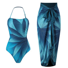 Elegant Blue Leaf Printed One Piece Swimsuit Woman 2024 Fashion High Waisted Hanging Neck Swimwear French Covered Belly Bikini