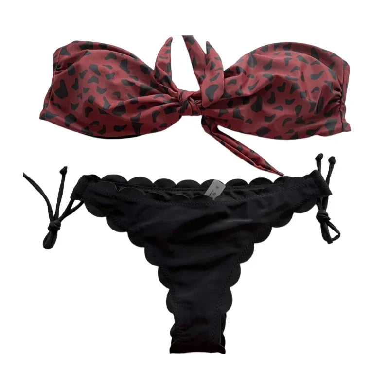 Beach Bikini  Woman Sexy Front Lace Up Tie Strapless Leopard Swimsuit Female Push Up Ruffled Bow Bathing Suit Thong Swimwear