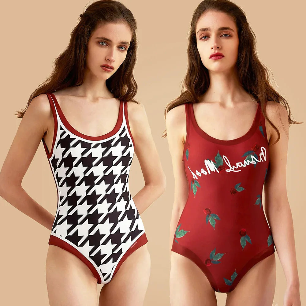 New Vintage Printed Double-sided Wear Swimming Bathing Suit Women Bandage Sexy One Piece Swimsuit Beachwear Swimwear Woman