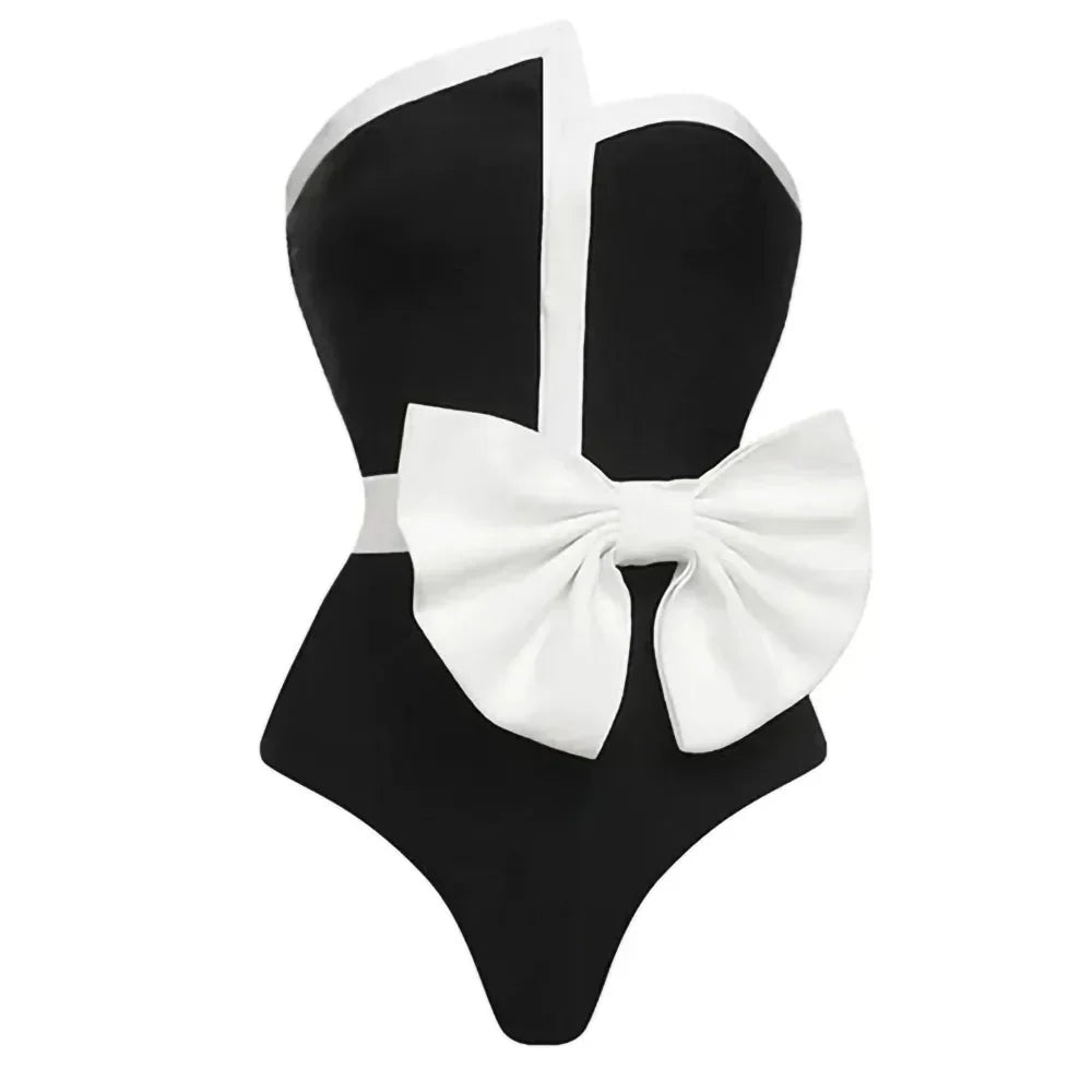 2024 Black & White Spliced Swimsuit Women'S Elegant Tube Top Bow Belt Bikini Irregular Hip Beach Skirt Vintage Pool Swimwear