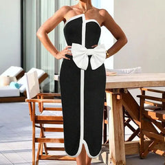 2024 Black & White Spliced Swimsuit Women'S Elegant Tube Top Bow Belt Bikini Irregular Hip Beach Skirt Vintage Pool Swimwear