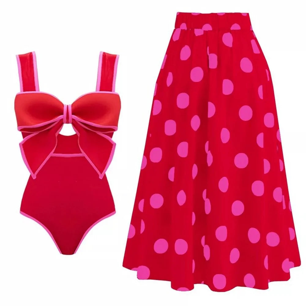 One Piece Swimsuit with Maching Midi Skirt Skirt for Women 2024 New Swimwear Female Bow Tie Decor Monokini Beach Bathing Suit
