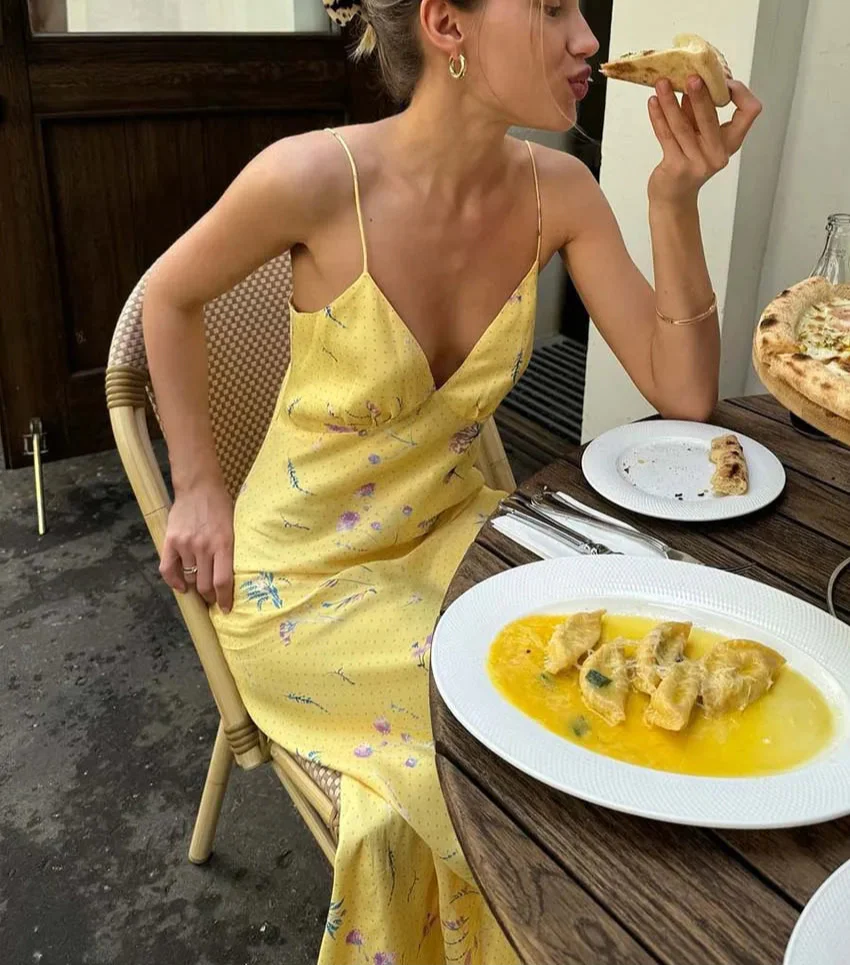 Yellow Print Elegant Spaghetti Strap Dress