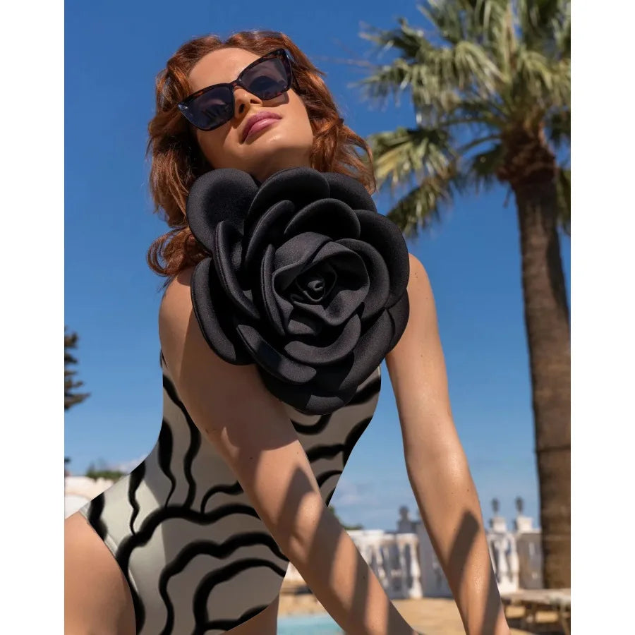 Solid Yellow 2024 Women Sexy 3D Flower One Piece Swimsuit Swimwear Off Shoulder Beachwear Summer Monokini Surf Wear Bathing Suit