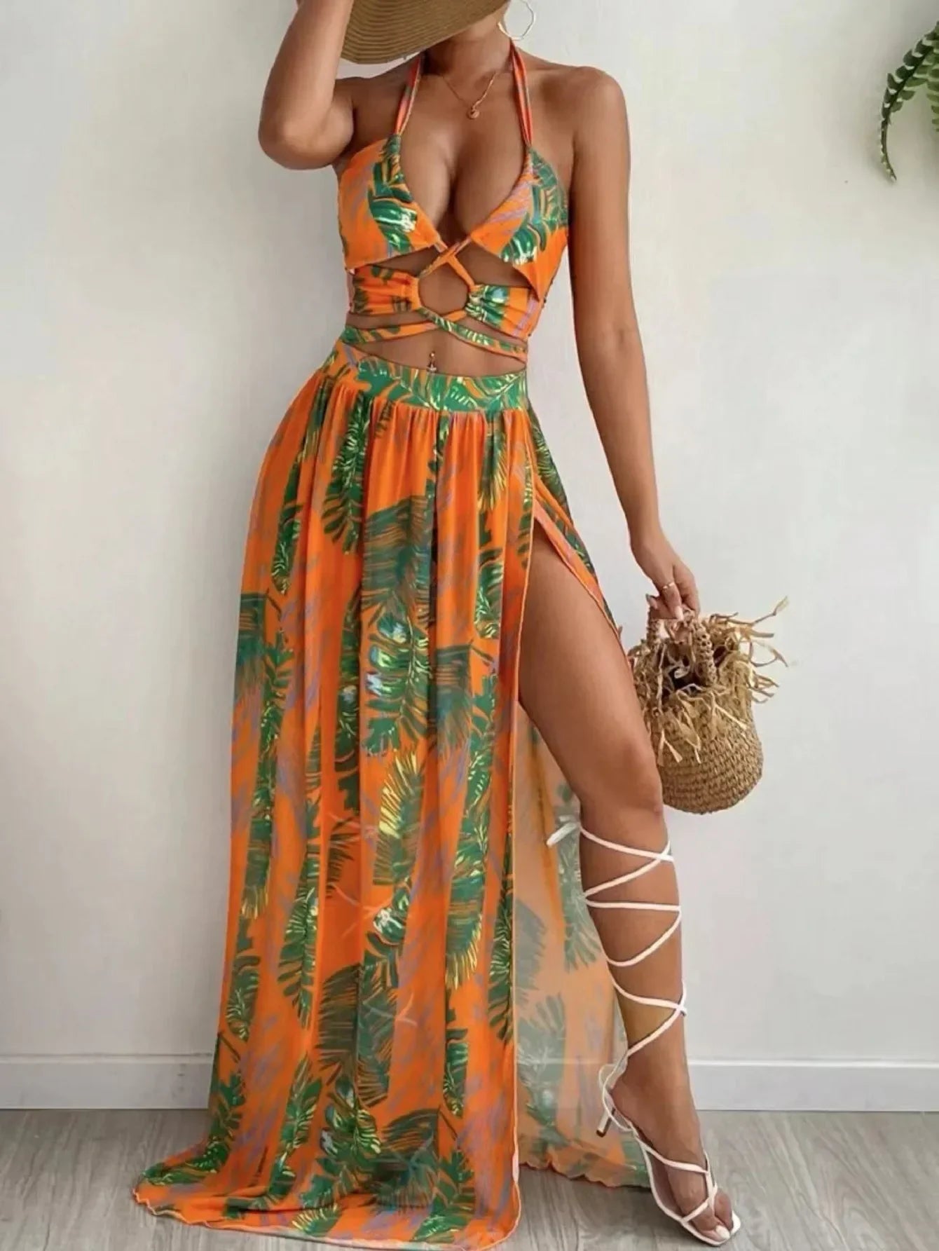 2024 Halter Criss Cross Bikini Tropical Print Swimsuit & Beach Dress 3 Piece Sexy Swimwear Women Bathing Suit Beachwear Summer