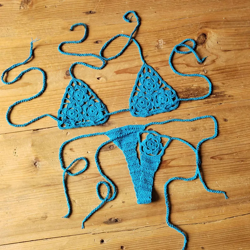 Women Sexy Handmade Bikini Sets Crochet Flower Solid Color Lace Thong String Swimwear Sunbathing Swimsuit Beach Wear Lace-up