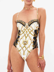 Courtl Vintage Gold Print One-piece Bikini Swimwear Costume Sexy Fashion Slim Fit Swimsuit With Long Trousers Beach Holiday 2024