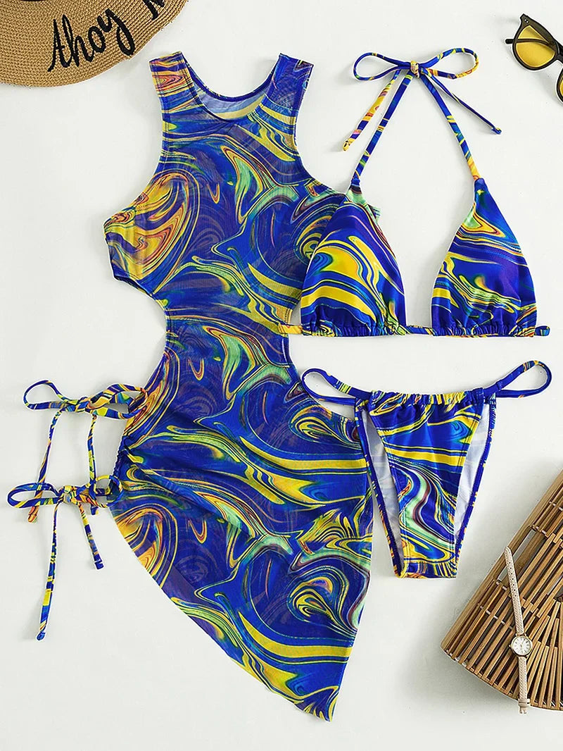 Sexy Three Pieces Bikini Set Leopard Halter Women Swimsuit 2023 New With Beach Cover Up Backless Bandage Swimwear Bathing Suit