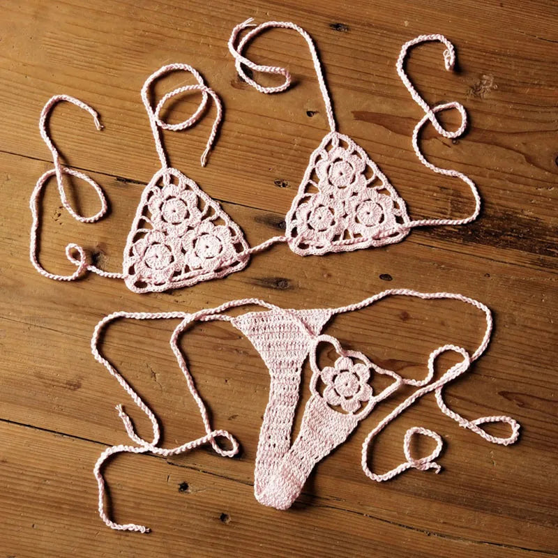 Women Sexy Handmade Bikini Sets Crochet Flower Solid Color Lace Thong String Swimwear Sunbathing Swimsuit Beach Wear Lace-up