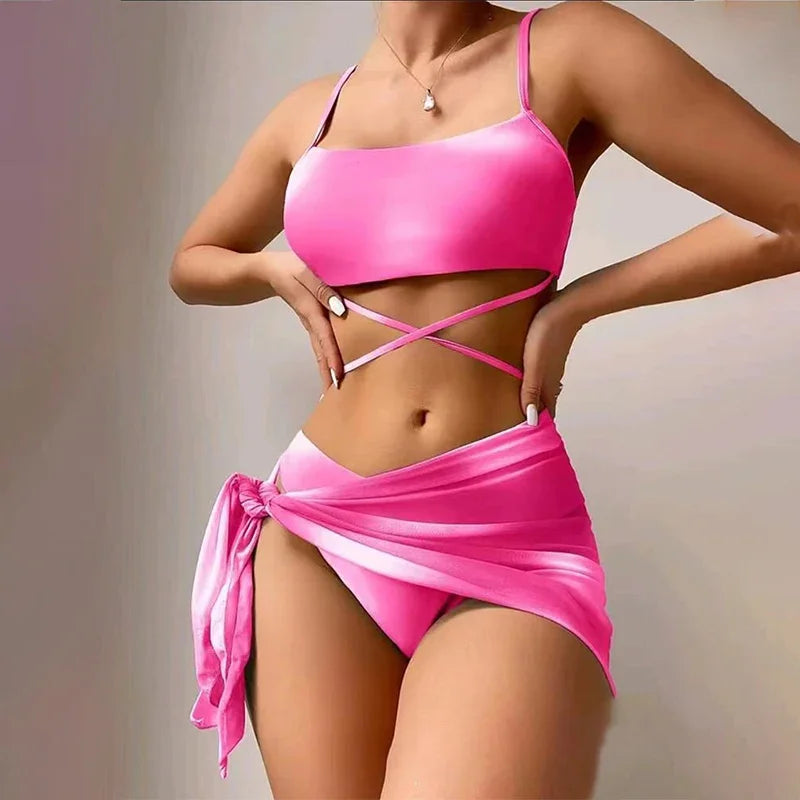 Sexy Womens 3 Pieces Bikini Set Tie Dye Swimsuit Beachwear 2024 Summer Fashion Push Up Comfortable Mesh Skirt Suit for Ladies