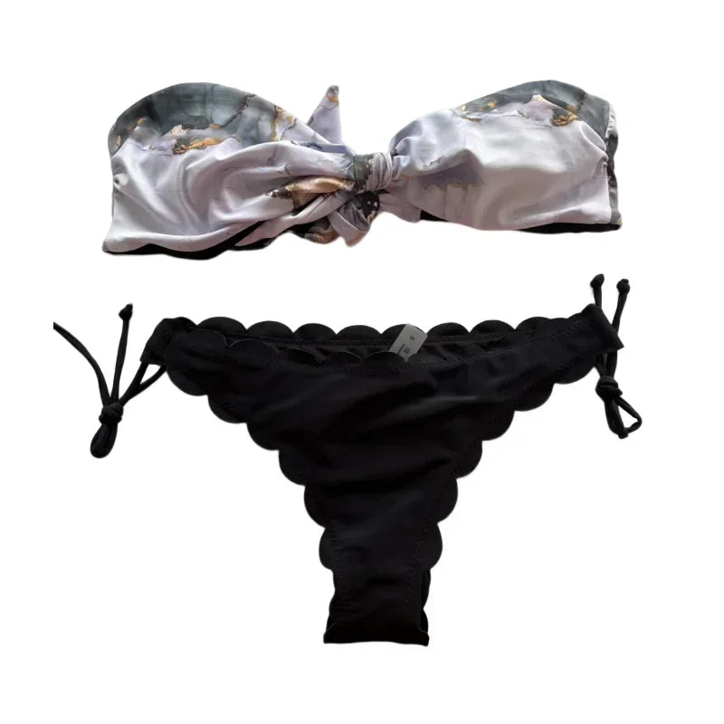 Beach Bikini  Woman Sexy Front Lace Up Tie Strapless Leopard Swimsuit Female Push Up Ruffled Bow Bathing Suit Thong Swimwear