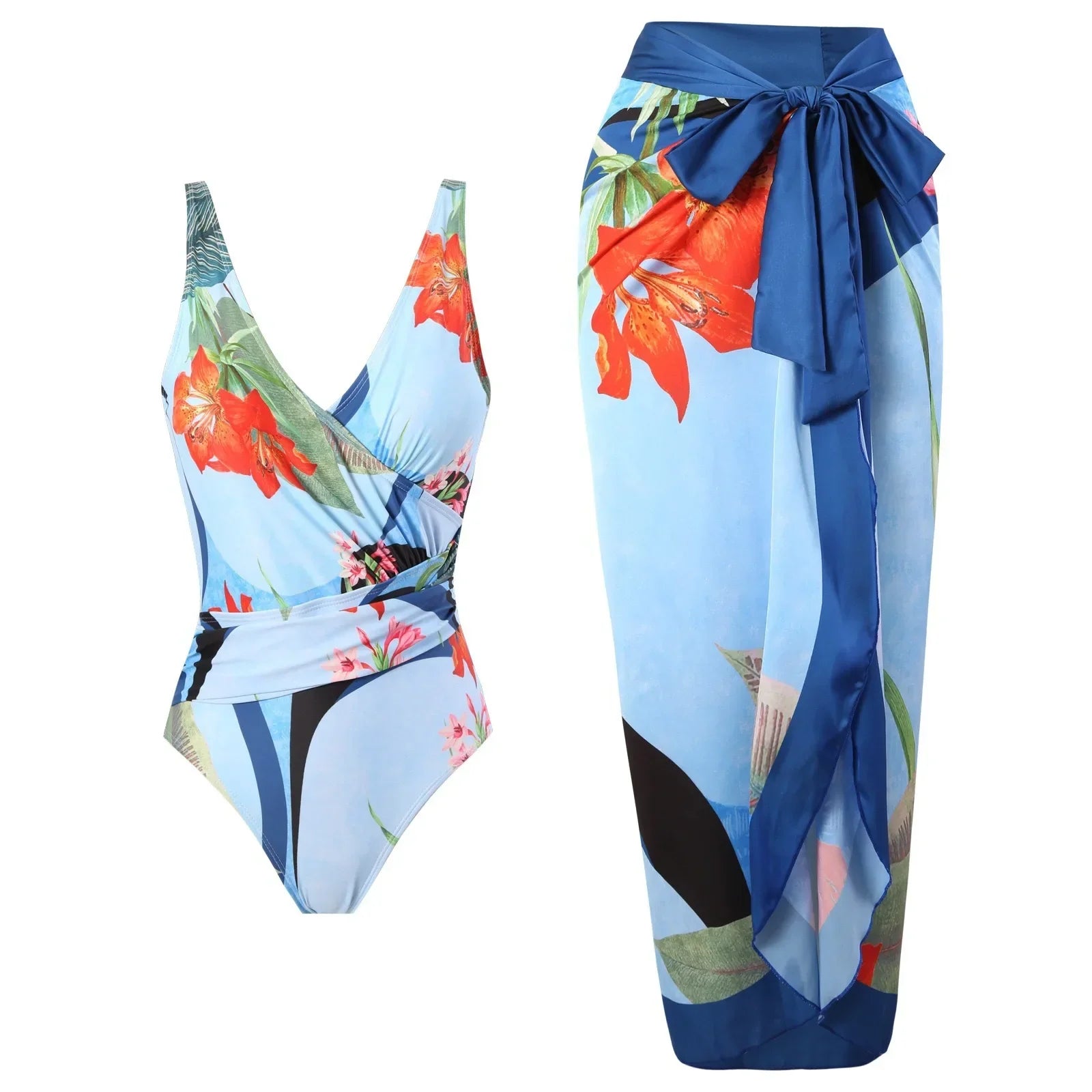 Elegant Blue Leaf Printed One Piece Swimsuit Woman 2024 Fashion High Waisted Hanging Neck Swimwear French Covered Belly Bikini
