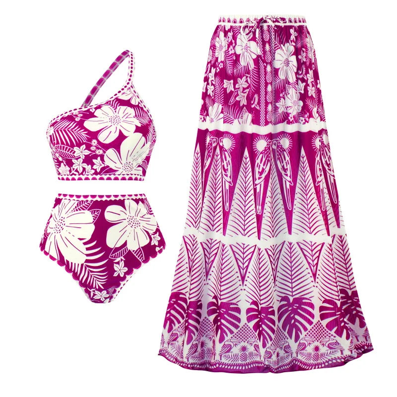 Vintage Floral Print Bikini High Waist V-Neck Sexy Swimsuit Fashion 2024 Straps Irregular Cover Up Elegant Women Swimsuit