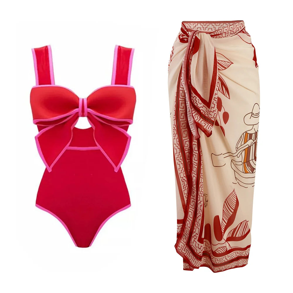 One Piece Swimsuit with Maching Midi Skirt Skirt for Women 2024 New Swimwear Female Bow Tie Decor Monokini Beach Bathing Suit
