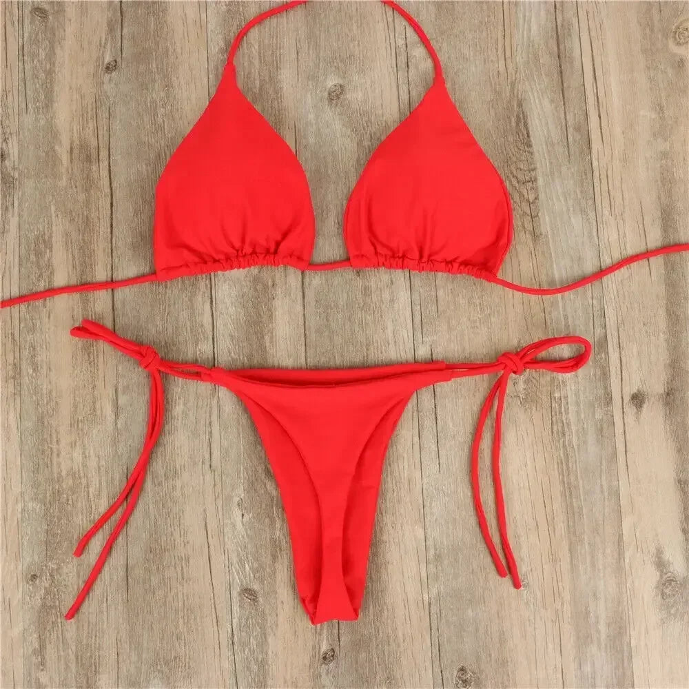 2 Pcs/Set Bikini Set Sexy Bikinis 2024 Solid Color Halter Neck Strap Thong Swimwear Bathing Suit Women Swimsuit Set for Beach