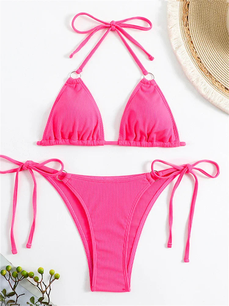 Bikini Women Swimsuit 2024 New Solid Ribbed Halter Bikinis Set Sexy Lace Up Swimwear Summer Two Piece Beach Bathing Suit Female