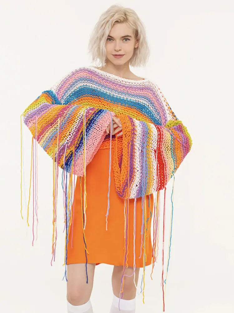 Knitted Tassels Cover Ups For Swimwear Women Sexy Loose Rainbow Shirt Girls Sweater Holiday Fashion Crop Pullover Femme