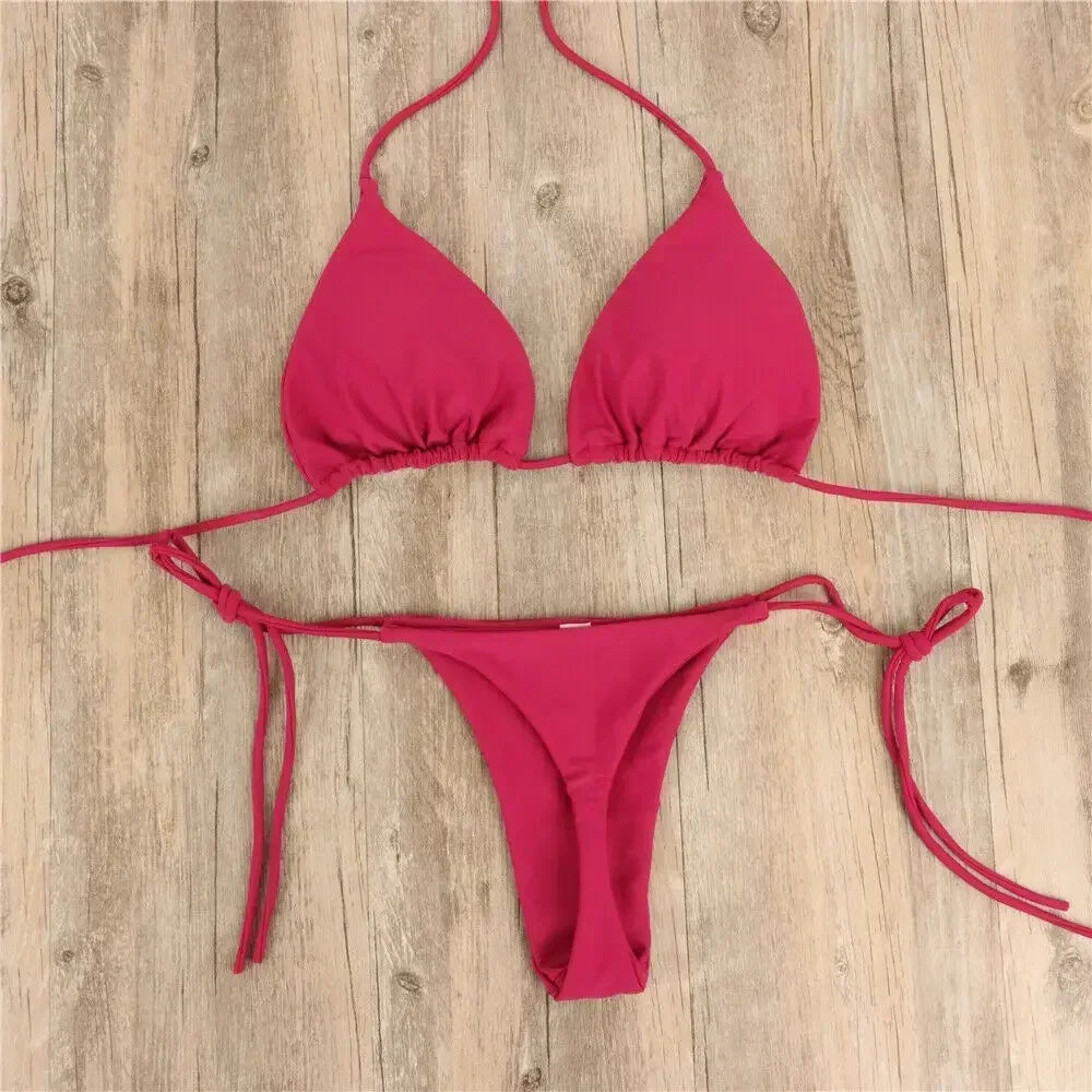 2 Pcs/Set Bikini Set Sexy Bikinis 2024 Solid Color Halter Neck Strap Thong Swimwear Bathing Suit Women Swimsuit Set for Beach