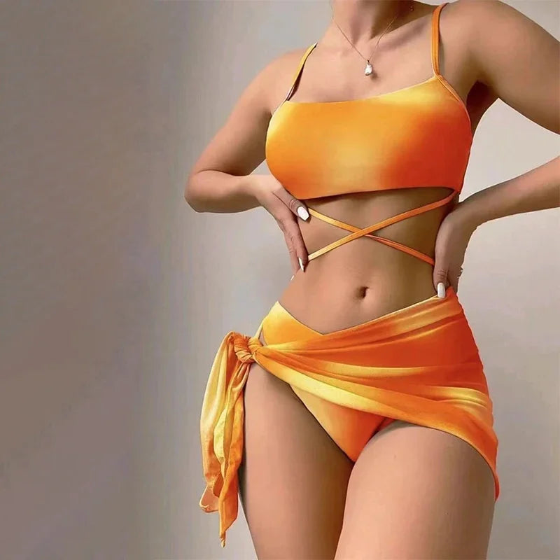 Sexy Womens 3 Pieces Bikini Set Tie Dye Swimsuit Beachwear 2024 Summer Fashion Push Up Comfortable Mesh Skirt Suit for Ladies