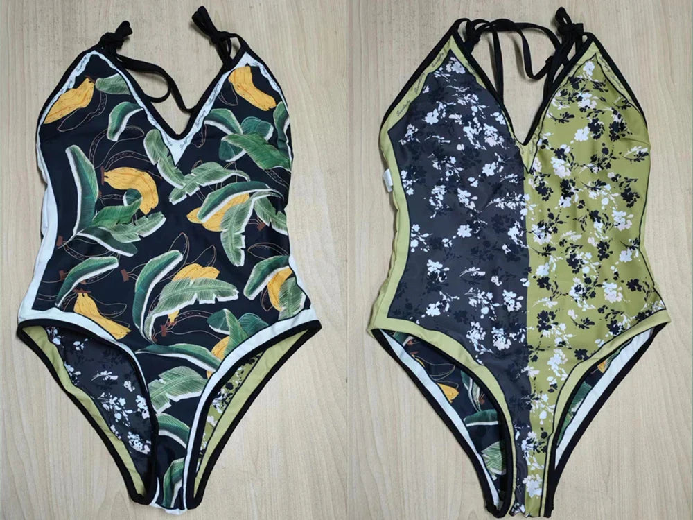 New Vintage Printed Double-sided Wear Swimming Bathing Suit Women Bandage Sexy One Piece Swimsuit Beachwear Swimwear Woman