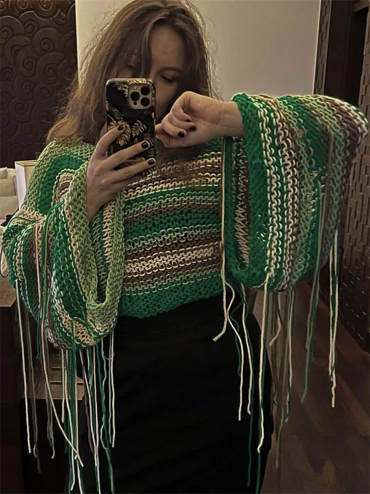 Knitted Tassels Cover Ups For Swimwear Women Sexy Loose Rainbow Shirt Girls Sweater Holiday Fashion Crop Pullover Femme