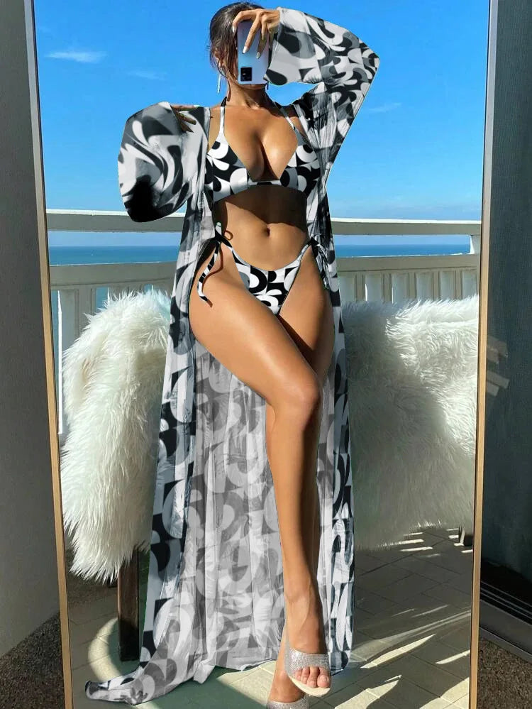 3 Pieces Triangle String Bikini 2024 Swimsuit Women & Kimono Swimwear Female Sexy Bathers Bathing Swimming Swim Suit Beachwear