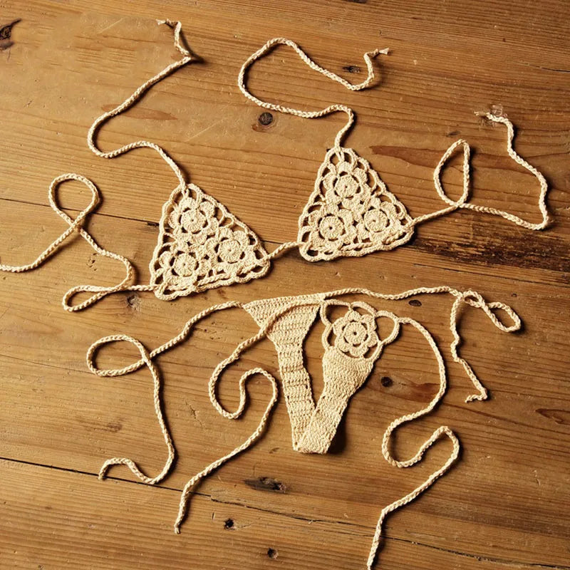 Women Sexy Handmade Bikini Sets Crochet Flower Solid Color Lace Thong String Swimwear Sunbathing Swimsuit Beach Wear Lace-up