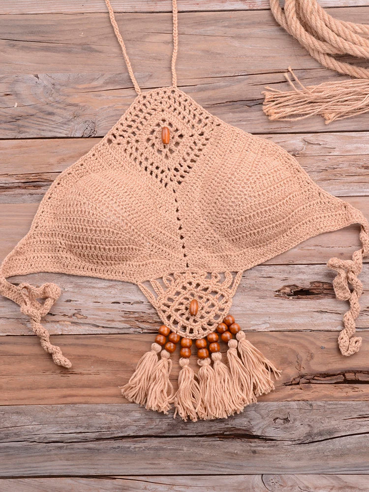 Bikini 2022 knitting Swimsuit Crochet Bikini Bohemia Style Off Shoulder High Neck Bathing Beach Bikinis Handmade Crochet Bikini
