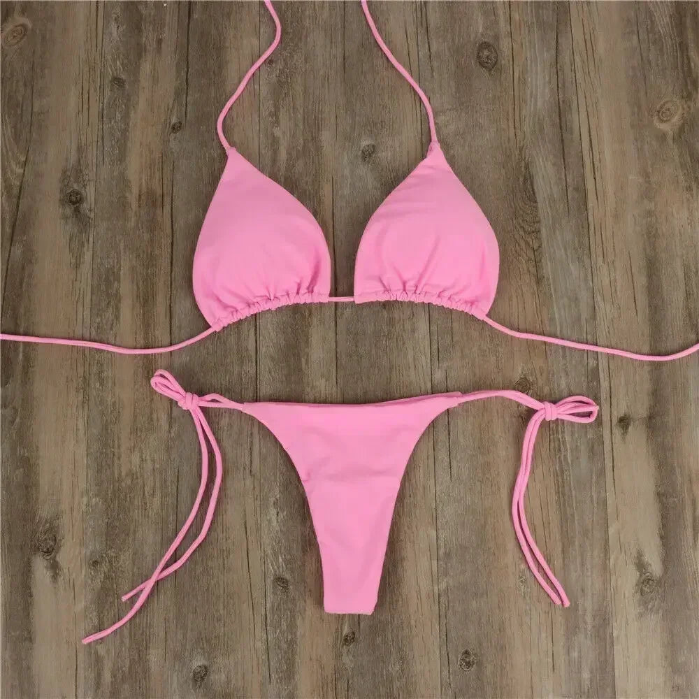 2 Pcs/Set Bikini Set Sexy Bikinis 2024 Solid Color Halter Neck Strap Thong Swimwear Bathing Suit Women Swimsuit Set for Beach