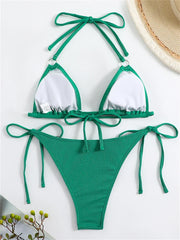 Bikini Women Swimsuit 2024 New Solid Ribbed Halter Bikinis Set Sexy Lace Up Swimwear Summer Two Piece Beach Bathing Suit Female