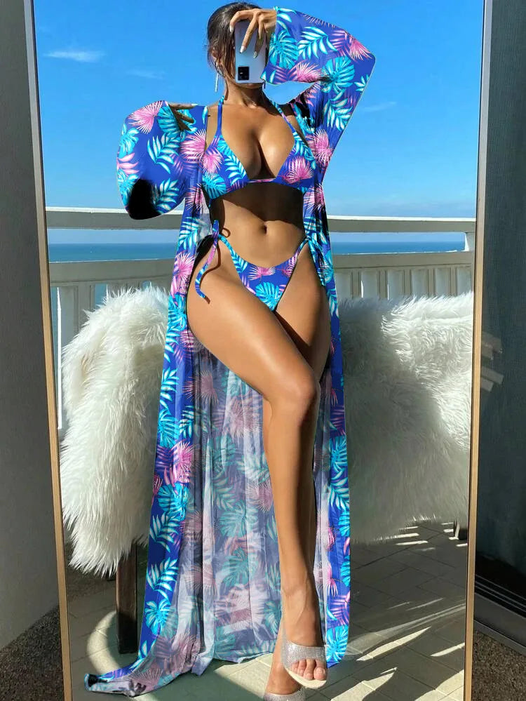 3 Pieces Triangle String Bikini 2024 Swimsuit Women & Kimono Swimwear Female Sexy Bathers Bathing Swimming Swim Suit Beachwear