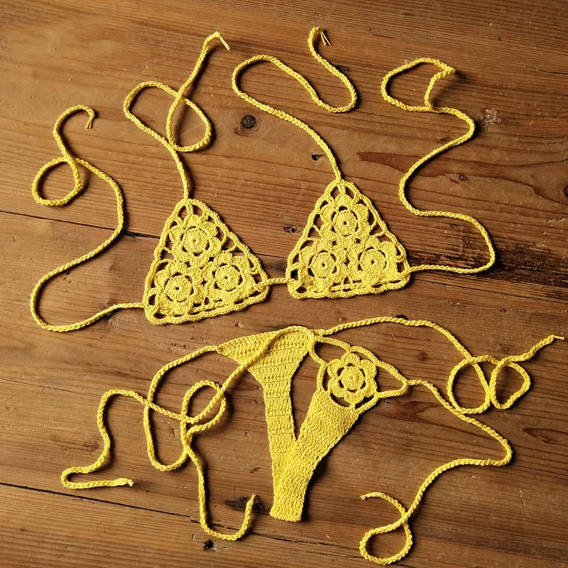 Women Sexy Handmade Bikini Sets Crochet Flower Solid Color Lace Thong String Swimwear Sunbathing Swimsuit Beach Wear Lace-up