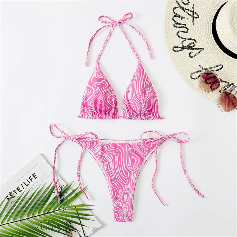 Halter Triangle Sexy Bikini Sets 2023 Women Patent Leather Glitter Swimsuit Summer Solid G-String Swimwear Side Lace Up Monokini