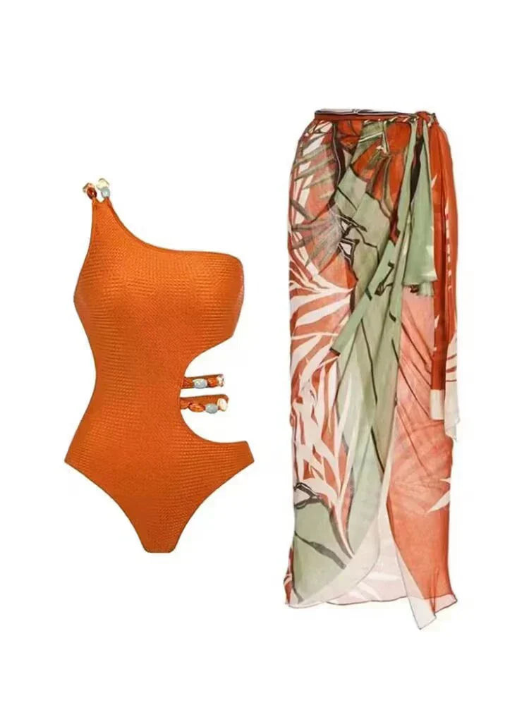 Sexy One Shoulder Printed Swimwear Women 2023 Vintage High Waisted One Piece Swimsuit with Cover Up for Beach Vacation, Swim