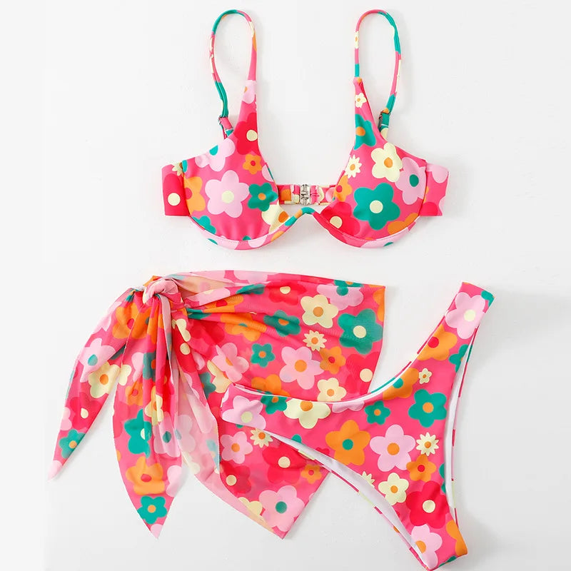 Tie Dye Bikini 2022 Skirts 3 Pieces Set Push Up Swimsuit Women Underwired Swimwear Female Sexy Bathing Suit Beach Wear