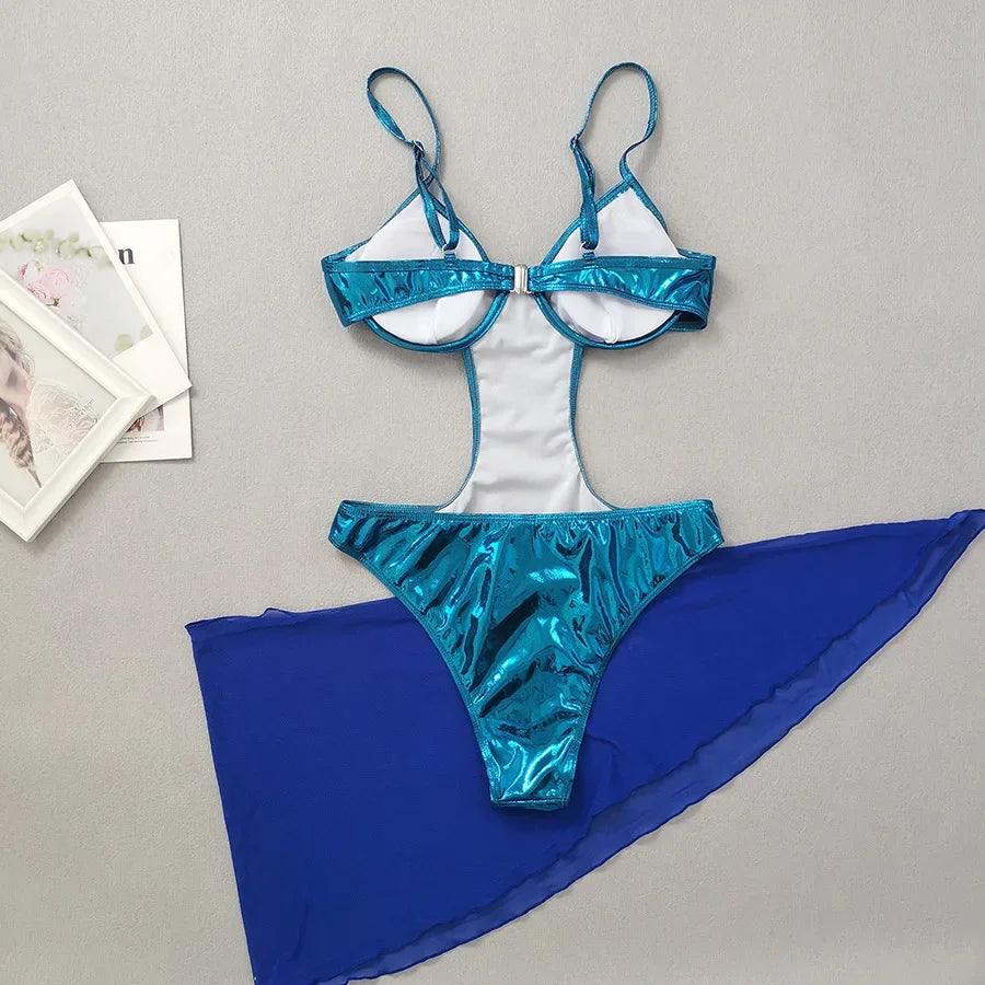 Blue Shiny High Waist Bikini,2024 Hollow Out 2 Piece Gauze Skirt Swimsuit,summer Beach Vacation Backless Bathing Suit Swimwear